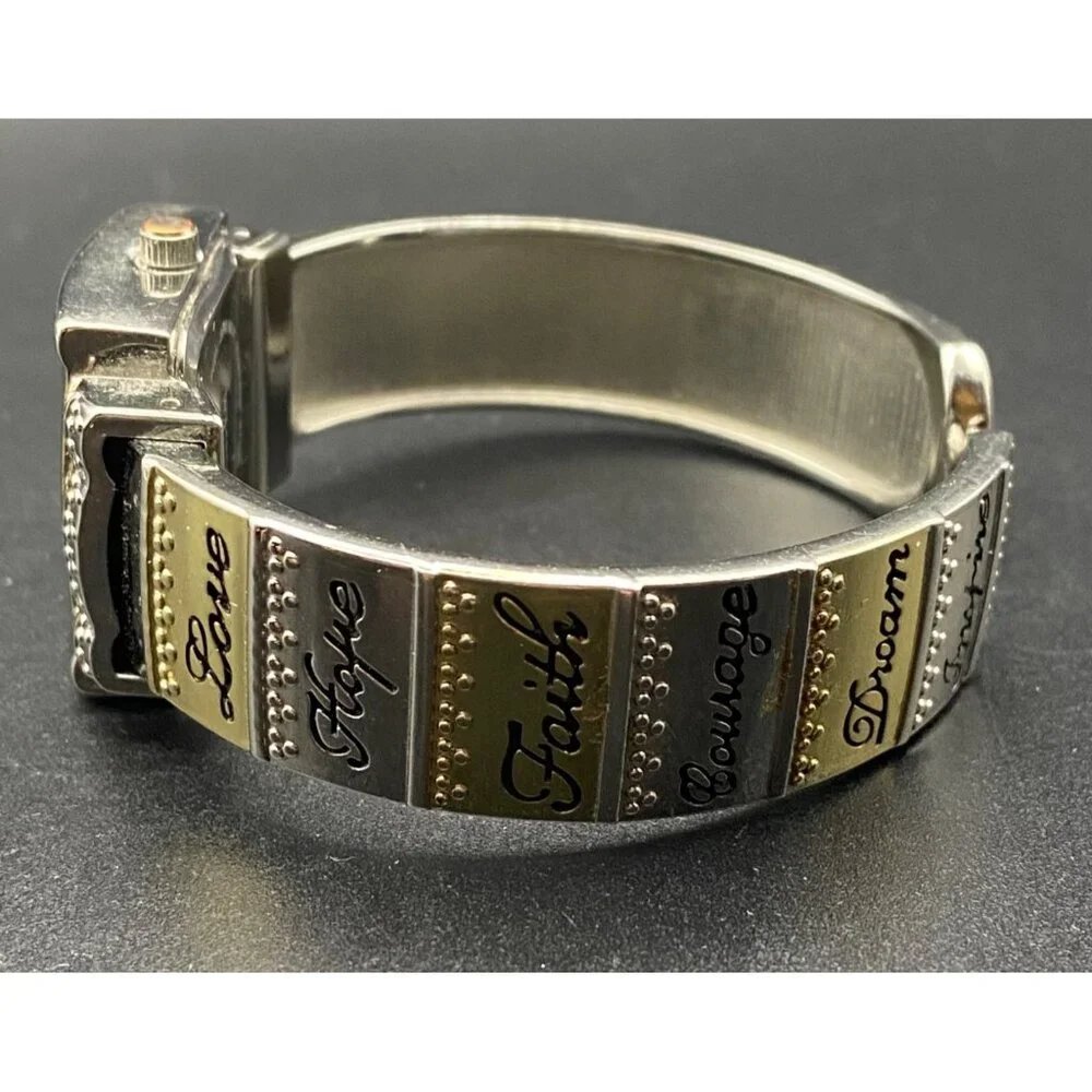 Accutime Womens Cuff Bracelet Watch Two Tone Inspirational Words New Battery